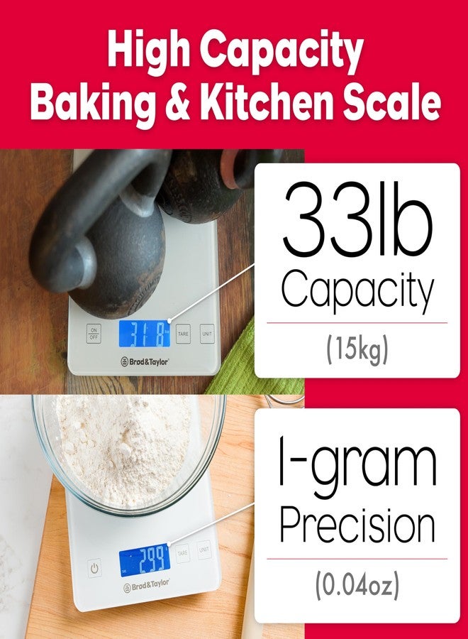 Brod & Taylor High Capacity Baking & Kitchen Scale (Weighs up to 33lbs/15kg of Ingredients), 1-Gram Precision, Five Unit Options, 5-Minute Display, Batteries Included - Image 3
